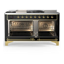 ILVE Majestic III 60-inch Dual Fuel Range with 5 Liquid Propane Burner, Griddle, French Top and Triple Glass Door Electric Oven in Glossy Black with Brass Trim (UM60FSNR3BKGLP)