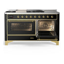 ILVE Majestic III 60-inch Dual Fuel Range with 5 Liquid Propane Burner, Griddle, French Top and Triple Glass Door Electric Oven in Glossy Black with Brass Trim (UM60FSNR3BKGLP)
