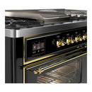 ILVE Majestic III 60-inch Dual Fuel Range with 5 Liquid Propane Burner, Griddle, French Top and Triple Glass Door Electric Oven in Glossy Black with Brass Trim (UM60FSNR3BKGLP)