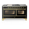 ILVE Majestic III 60-inch Dual Fuel Range with 5 Liquid Propane Burner, Griddle, French Top and Triple Glass Door Electric Oven in Glossy Black with Brass Trim (UM60FSNR3BKGLP)