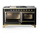 ILVE Majestic III 60-inch Dual Fuel Range with 7 Natural Gas Burner, Griddle, French Top and Triple Glass Door Electric Oven in Glossy Black with Brass Trim (UM60FSNR3BKG)