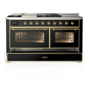 ILVE Majestic III 60-inch Dual Fuel Range with 7 Natural Gas Burner, Griddle, French Top and Triple Glass Door Electric Oven in Glossy Black with Brass Trim (UM60FSNR3BKG)