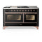 ILVE Majestic III 60-inch Dual Fuel Range with 5 Liquid Propane Burner, Griddle, French Top and Triple Glass Door Electric Oven in Glossy Black with Copper Trim (UM60FSNR3BKPLP)
