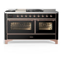 ILVE Majestic III 60-inch Dual Fuel Range with 7 Natural Gas Burner, Griddle, French Top and Triple Glass Door Electric Oven in Glossy Black with Copper Trim (UM60FSNR3BKP)