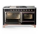 ILVE Majestic III 60-inch Dual Fuel Range with 7 Natural Gas Burner, Griddle, French Top and Triple Glass Door Electric Oven in Glossy Black with Copper Trim (UM60FSNR3BKP)