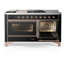 ILVE Majestic III 60-inch Dual Fuel Range with 7 Natural Gas Burner, Griddle, French Top and Triple Glass Door Electric Oven in Glossy Black with Copper Trim (UM60FSNR3BKP)