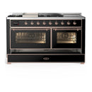 ILVE Majestic III 60-inch Dual Fuel Range with 7 Natural Gas Burner, Griddle, French Top and Triple Glass Door Electric Oven in Glossy Black with Copper Trim (UM60FSNR3BKP)