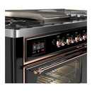 ILVE Majestic III 60-inch Dual Fuel Range with 7 Natural Gas Burner, Griddle, French Top and Triple Glass Door Electric Oven in Glossy Black with Copper Trim (UM60FSNR3BKP)