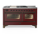 ILVE Majestic III 60-inch Dual Fuel Range with 5 Liquid Propane Burner, Griddle, French Top and Triple Glass Door Electric Oven in Burgundy with Burnished Trim (UM60FSNR3BUBLP)