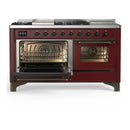 ILVE Majestic III 60-inch Dual Fuel Range with 5 Liquid Propane Burner, Griddle, French Top and Triple Glass Door Electric Oven in Burgundy with Burnished Trim (UM60FSNR3BUBLP)