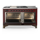 ILVE Majestic III 60-inch Dual Fuel Range with 7 Natural Gas Burner, Griddle, French Top and Triple Glass Door Electric Oven in Burgundy with Burnished Trim (UM60FSNR3BUB)