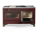 ILVE Majestic III 60-inch Dual Fuel Range with 7 Natural Gas Burner, Griddle, French Top and Triple Glass Door Electric Oven in Burgundy with Burnished Trim (UM60FSNR3BUB)