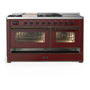 ILVE Majestic III 60-inch Dual Fuel Range with 7 Natural Gas Burner, Griddle, French Top and Triple Glass Door Electric Oven in Burgundy with Burnished Trim (UM60FSNR3BUB)