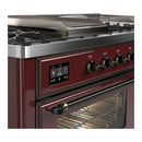 ILVE Majestic III 60-inch Dual Fuel Range with 7 Natural Gas Burner, Griddle, French Top and Triple Glass Door Electric Oven in Burgundy with Burnished Trim (UM60FSNR3BUB)