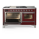 ILVE Majestic III 60-inch Dual Fuel Range with 5 Liquid Propane Burner, Griddle, French Top and Triple Glass Door Electric Oven in Burgundy with Chrome Trim (UM60FSNR3BUCLP)