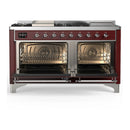 ILVE Majestic III 60-inch Dual Fuel Range with 7 Natural Gas Burner, Griddle, French Top and Triple Glass Door Electric Oven in Burgundy with Chrome Trim (UM60FSNR3BUC)