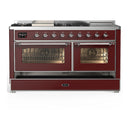 ILVE Majestic III 60-inch Dual Fuel Range with 7 Natural Gas Burner, Griddle, French Top and Triple Glass Door Electric Oven in Burgundy with Chrome Trim (UM60FSNR3BUC)