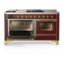 ILVE Majestic III 60-inch Dual Fuel Range with 5 Liquid Propane Burner, Griddle, French Top and Triple Glass Door Electric Oven in Burgundy with Brass Trim (UM60FSNR3BUGLP)