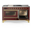 ILVE Majestic III 60-inch Dual Fuel Range with 7 Natural Gas Burner, Griddle, French Top and Triple Glass Door Electric Oven in Burgundy with Brass Trim (UM60FSNR3BUG)