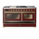 ILVE Majestic III 60-inch Dual Fuel Range with 7 Natural Gas Burner, Griddle, French Top and Triple Glass Door Electric Oven in Burgundy with Brass Trim (UM60FSNR3BUG)