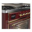 ILVE Majestic III 60-inch Dual Fuel Range with 7 Natural Gas Burner, Griddle, French Top and Triple Glass Door Electric Oven in Burgundy with Brass Trim (UM60FSNR3BUG)