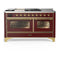 ILVE Majestic III 60-inch Dual Fuel Range with 7 Natural Gas Burner, Griddle, French Top and Triple Glass Door Electric Oven in Burgundy with Brass Trim (UM60FSNR3BUG)