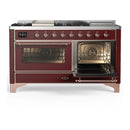 ILVE Majestic III 60-inch Dual Fuel Range with 5 Liquid Propane Burner, Griddle, French Top and Triple Glass Door Electric Oven in Burgundy with Copper Trim (UM60FSNR3BUPLP)