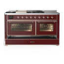 ILVE Majestic III 60-inch Dual Fuel Range with 7 Natural Gas Burner, Griddle, French Top and Triple Glass Door Electric Oven in Burgundy with Copper Trim (UM60FSNR3BUP)