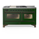 ILVE Majestic III 60-inch Dual Fuel Range with 7 Natural Gas Burner, Griddle, French Top and Triple Glass Door Electric Oven in Emerald Green with Burnished Trim (UM60FSNR3EGB)