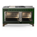 ILVE Majestic III 60-inch Dual Fuel Range with 7 Natural Gas Burner, Griddle, French Top and Triple Glass Door Electric Oven in Emerald Green with Burnished Trim (UM60FSNR3EGB)