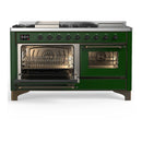 ILVE Majestic III 60-inch Dual Fuel Range with 7 Natural Gas Burner, Griddle, French Top and Triple Glass Door Electric Oven in Emerald Green with Burnished Trim (UM60FSNR3EGB)