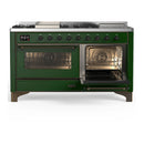 ILVE Majestic III 60-inch Dual Fuel Range with 7 Natural Gas Burner, Griddle, French Top and Triple Glass Door Electric Oven in Emerald Green with Burnished Trim (UM60FSNR3EGB)