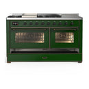 ILVE Majestic III 60-inch Dual Fuel Range with 7 Natural Gas Burner, Griddle, French Top and Triple Glass Door Electric Oven in Emerald Green with Burnished Trim (UM60FSNR3EGB)