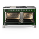 ILVE Majestic III 60-inch Dual Fuel Range with 7 Natural Gas Burner, Griddle, French Top and Triple Glass Door Electric Oven in Emerald Green with Chrome Trim (UM60FSNR3EGC)