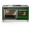 ILVE Majestic III 60-inch Dual Fuel Range with 7 Natural Gas Burner, Griddle, French Top and Triple Glass Door Electric Oven in Emerald Green with Chrome Trim (UM60FSNR3EGC)