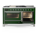 ILVE Majestic III 60-inch Dual Fuel Range with 7 Natural Gas Burner, Griddle, French Top and Triple Glass Door Electric Oven in Emerald Green with Chrome Trim (UM60FSNR3EGC)