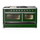 ILVE Majestic III 60-inch Dual Fuel Range with 7 Natural Gas Burner, Griddle, French Top and Triple Glass Door Electric Oven in Emerald Green with Chrome Trim (UM60FSNR3EGC)