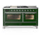 ILVE Majestic III 60-inch Dual Fuel Range with 7 Natural Gas Burner, Griddle, French Top and Triple Glass Door Electric Oven in Emerald Green with Chrome Trim (UM60FSNR3EGC)