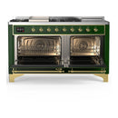 ILVE Majestic III 60-inch Dual Fuel Range with 5 Liquid Propane Burner, Griddle, French Top and Triple Glass Door Electric Oven in Emerald Green with Brass Trim (UM60FSNR3EGGLP)