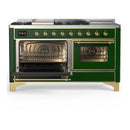 ILVE Majestic III 60-inch Dual Fuel Range with 5 Liquid Propane Burner, Griddle, French Top and Triple Glass Door Electric Oven in Emerald Green with Brass Trim (UM60FSNR3EGGLP)