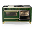 ILVE Majestic III 60-inch Dual Fuel Range with 5 Liquid Propane Burner, Griddle, French Top and Triple Glass Door Electric Oven in Emerald Green with Brass Trim (UM60FSNR3EGGLP)
