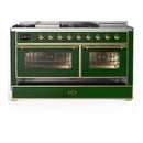 ILVE Majestic III 60-inch Dual Fuel Range with 7 Natural Gas Burner, Griddle, French Top and Triple Glass Door Electric Oven in Emerald Green with Brass Trim (UM60FSNR3EGG)