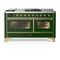 ILVE Majestic III 60-inch Dual Fuel Range with 7 Natural Gas Burner, Griddle, French Top and Triple Glass Door Electric Oven in Emerald Green with Brass Trim (UM60FSNR3EGG)