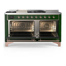 ILVE Majestic III 60-inch Dual Fuel Range with 7 Natural Gas Burner, Griddle, French Top and Triple Glass Door Electric Oven in Emerald Green with Copper Trim (UM60FSNR3EGP)