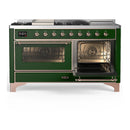 ILVE Majestic III 60-inch Dual Fuel Range with 7 Natural Gas Burner, Griddle, French Top and Triple Glass Door Electric Oven in Emerald Green with Copper Trim (UM60FSNR3EGP)