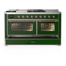 ILVE Majestic III 60-inch Dual Fuel Range with 7 Natural Gas Burner, Griddle, French Top and Triple Glass Door Electric Oven in Emerald Green with Copper Trim (UM60FSNR3EGP)