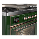 ILVE Majestic III 60-inch Dual Fuel Range with 7 Natural Gas Burner, Griddle, French Top and Triple Glass Door Electric Oven in Emerald Green with Copper Trim (UM60FSNR3EGP)