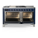 ILVE Majestic III 60-inch Dual Fuel Range with 7 Natural Gas Burner, Griddle, French Top and Triple Glass Door Electric Oven in Midnight Blue with Chrome Trim (UM60FSNR3MBC)