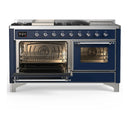 ILVE Majestic III 60-inch Dual Fuel Range with 7 Natural Gas Burner, Griddle, French Top and Triple Glass Door Electric Oven in Midnight Blue with Chrome Trim (UM60FSNR3MBC)