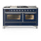 ILVE Majestic III 60-inch Dual Fuel Range with 7 Natural Gas Burner, Griddle, French Top and Triple Glass Door Electric Oven in Midnight Blue with Chrome Trim (UM60FSNR3MBC)